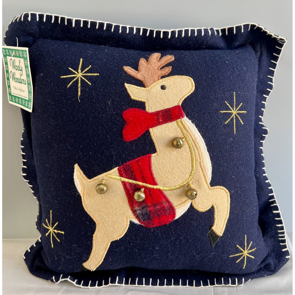 Reindeer with Jingle Bells Wool Applique Christmas Pillow Navy Blue NWT